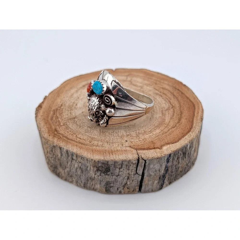 Navajo Men's Buffalo Ring Sterling Silver Turquoise‎ Signed Grace Smith 13 ***